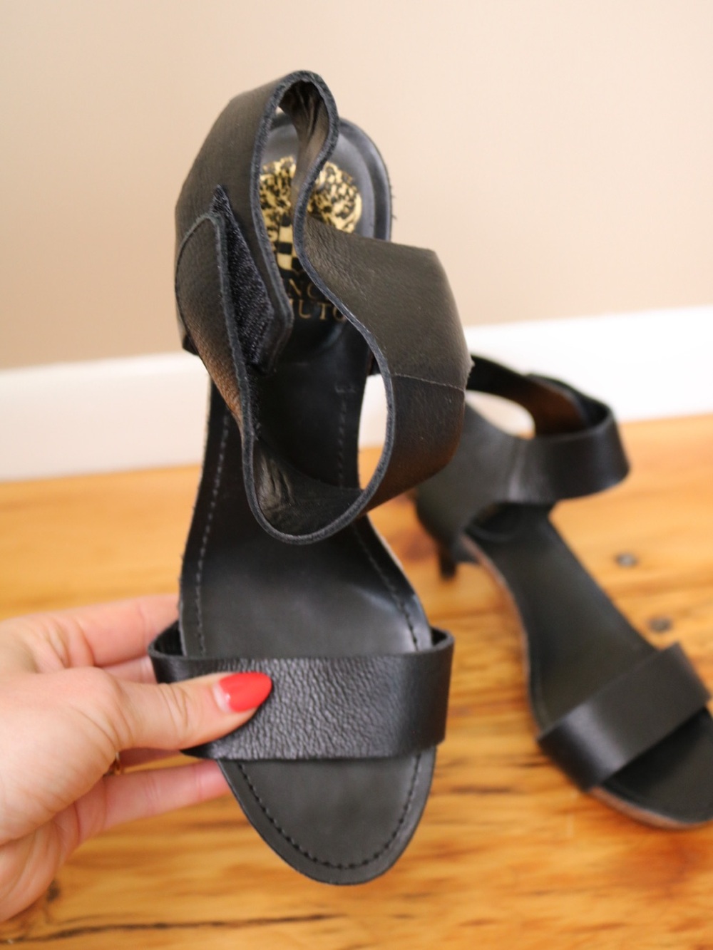 Vince Camuto Black Leather Strappy Kitten-Heel Sandals - Picture 2 of 7